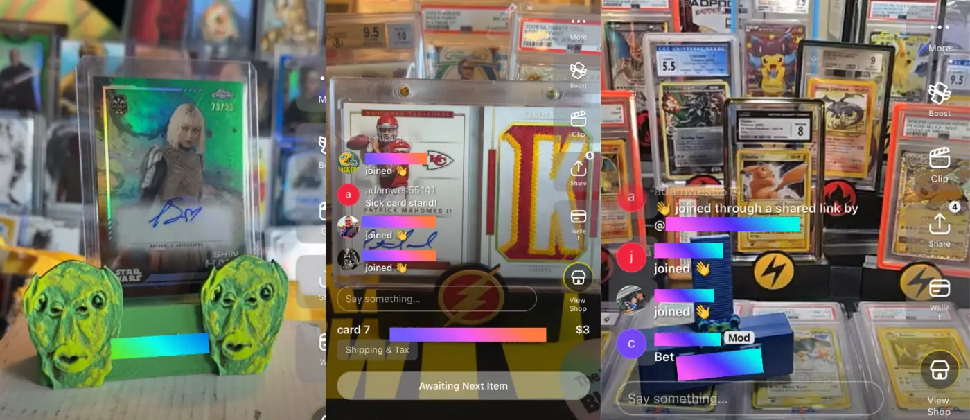 Whatnot screenshots of 3 examples of people using the card stands I printed