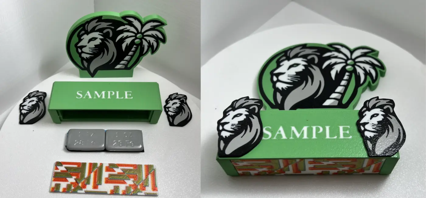 diagram of components within a card stand—showing that one stand consists of a back, card stopper, weights for the card stand, and bottom cover which need assembly